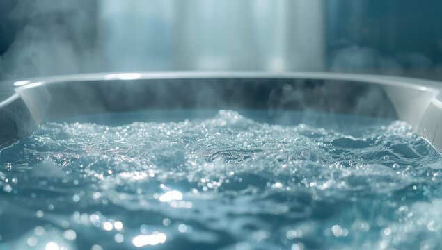 Closeup of water in hot bath tubs at spa, highlighting health and wellness treatment setup