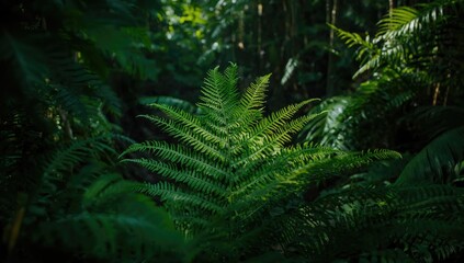Fototapeta premium Hairsfoot fern growing among dense green leaves in a tropical forest background, suitable for decorative plant textures