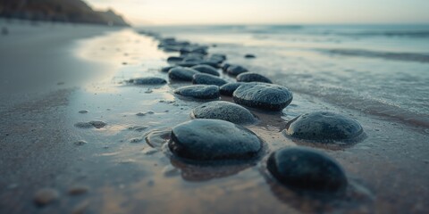 Sea-washed rocks on the shoreline, water and land interaction, erosion prevention awareness