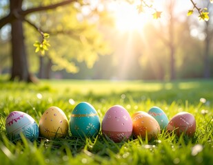Colorful Easter Eggs Hidden in Lush Green Grass Under Golden Sunlight.