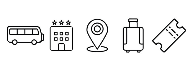 Travel icons including bus, hotel, map, luggage, and ticket on transparent background