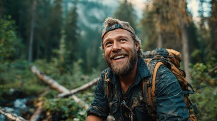 Obraz premium A joyful outdoorsman is seen smiling against a stunning natural backdrop, embodying the spirit of adventure and the beauty of the wilderness surrounding him.