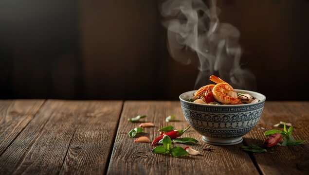 Tom Yum Goong, spicy Thai seafood soup served on wooden background, flavor analysis