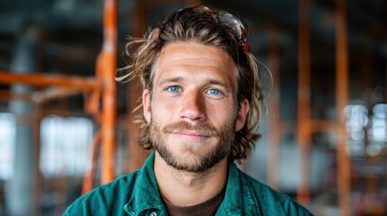 A cheerful male worker with bright blue eyes radiates positivity against a construction backdrop, embodying the spirit of teamwork, dedication, and commitment in his craft.