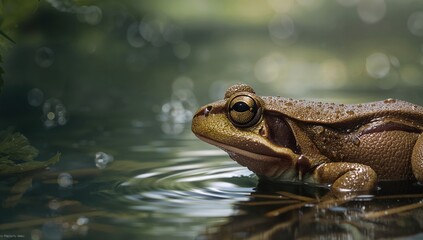 Obraz premium Close-up of a Rana temporaria on greenery, highlighting amphibian habitat preservation