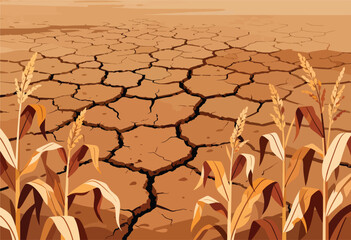 Cracked earth with dying crops, symbolizing drought and environmental hardship