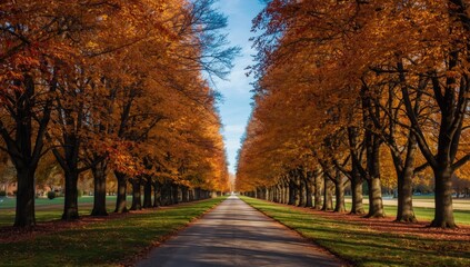 Fototapeta premium Fall scenery with tall trees displaying colorful foliage, highlighting seasonal transition
