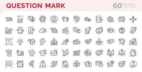 Question mark linear icons.  FAQ, manual, search, guidance, instruction, onfusion, asking and questioning, question mark, survey vector icon set. Editable stroke