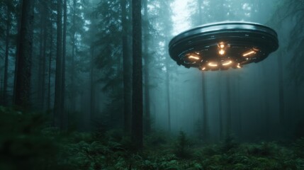 Fototapeta premium A captivating scene with a hovering UFO illuminated in a misty forest, provoking thoughts of extraterrestrial life and stirring the imagination in a mysterious atmosphere.