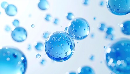 Close-up of numerous blue water droplets or spheres floating in a light, ethereal background, creating a sense of purity and hydration.