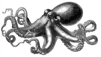 Detailed grayscale illustration of an octopus with prominent tentacles and a textured body, isolated on a white background