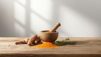Herbal ingredients including turmeric being crushed in a mortar, used in traditional preparation