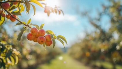 Bright peaches attached to a tree branch surrounded by lush green leaves, highlighting summer harvest