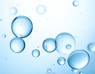 Close-up of clear blue water bubbles floating against a light background, creating a serene and refreshing visual effect.