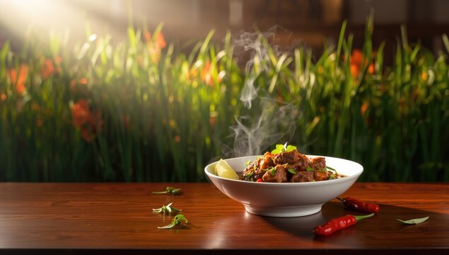 Halal beef Massaman with colorful vegetables and rich spices, served in a restaurant environment, World Food Day