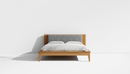 Wooden bed featuring integrated white storage and plush grey headboard for modern bedrooms
