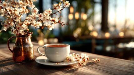 A delicate teacup set amidst blossoming flowers in soft lighting creates a charming ambiance, perfect for tea lovers and those who appreciate beauty in simplicity.