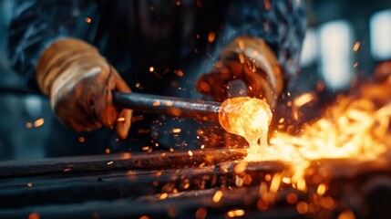 A skilled blacksmith works diligently in a workshop, shaping glowing hot metal with a hammer, surrounded by sparks that illustrate the artistry and craftsmanship involved.