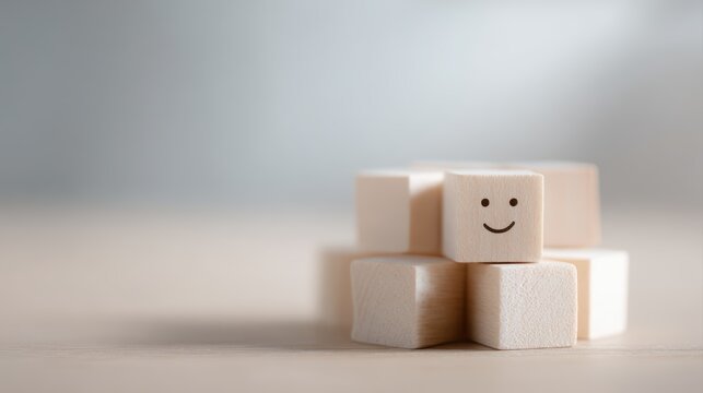 happy customer satisfaction concept with smile icon on wooden cubes, soft light, minimal background, copy space