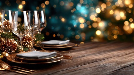 Naklejka premium An elegantly set dinner table adorned with sparkling glassware and decorative elements against a backdrop of vivid bokeh lighting, inviting a sense of festive celebration.