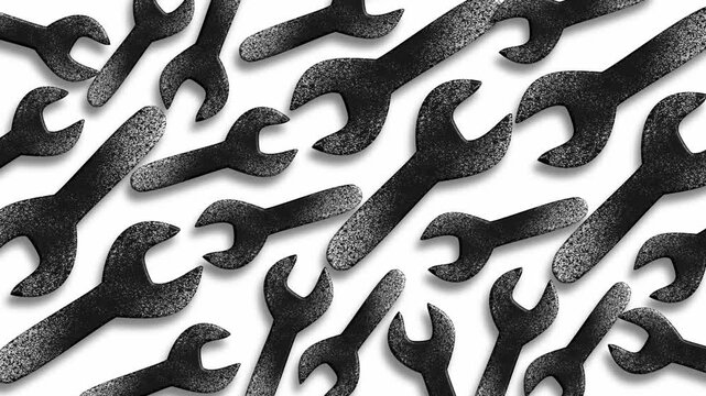 Abstract pattern of scattered wrenches and tools on white background