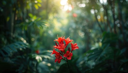 Bright red tropical flowers with lush green garden setting, suitable for nature-themed layout