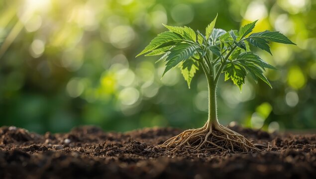 Close-up of tomato plant stem showing adventitious root development, highlighting root system enhancement in gardening