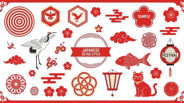 Japanese retro style design elements, crane koi cat motifs, cherry blossom lantern cloud patterns, cultural symbols set, flat vector illustration