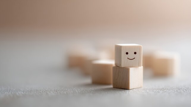 happy customer satisfaction concept with smile icon on wooden cubes, soft light, minimal background, copy space