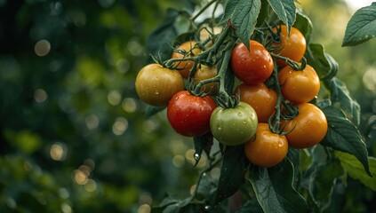 Cluster of tomatoes in varying maturity, illustrating seasonal agriculture
