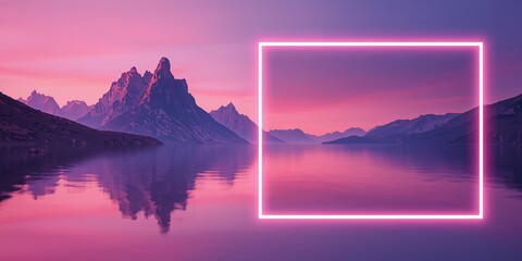 Panoramic landscape wallpaper with rocky mountains and calm water during twilight, illuminated by a pink sky and accented by a glowing neon frame, ideal for design layouts