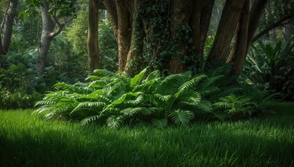 Vivid tropical foliage in dense forest setting, highlighting natural landscape and plant diversity, summer