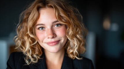 A young woman with beautiful, curly hair is smiling warmly while wearing a stylish blazer, exuding confidence and a professional vibe in an elegant setting.