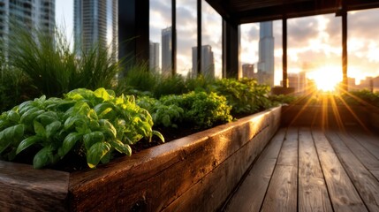A lush rooftop garden showcases thriving plants bathed in golden sunlight, offering a tranquil escape in the heart of the bustling cityscape, celebrating urban gardening.
