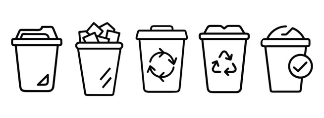 Set of trash can icons with different recycling symbols