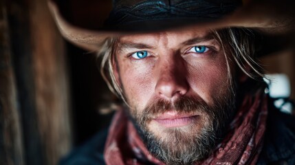 A rugged cowboy with striking blue eyes and a weathered face stares intensely at the camera, showcasing his rough lifestyle and connection to the outdoors in a rustic setting.