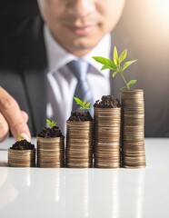 Businessman Nurturing Growth - Stacks of Coins with Growing Plants Symbolizing Investment and Financial Success.