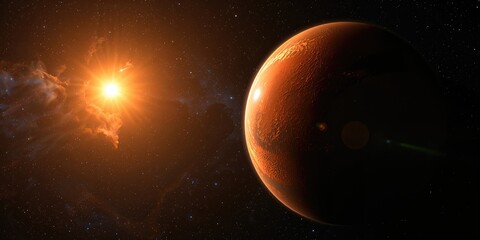 Mars planet bathed in sunlight against a starry outer space backdrop with nebula clouds, highlighting planetary geology