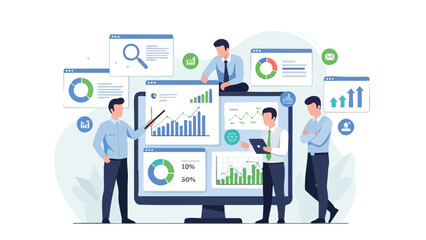 Business analytics team analyzing financial data on large screen.
