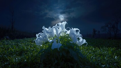 Flower blooming under moonlight, suited for nocturnal plant growth studies