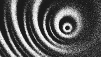 Grainy black and white background with concentric circular waves, glowing highlights and spiral ripples created from thousands of individual dots. Glares create an illusion of depth and optical motion