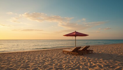 Early morning at a beach with sun loungers and umbrellas on fine sand, leisure and relaxation
