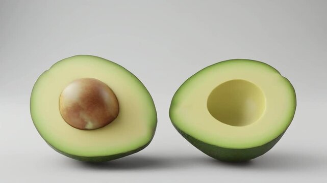 Two halves of a halved avocado on a plain gray background with green skin and yellow flesh.