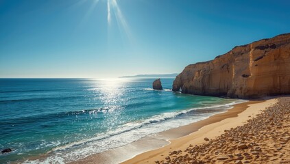 Sandstone coastline with blue sea and sky, highlighting erosion processes, Earth Day