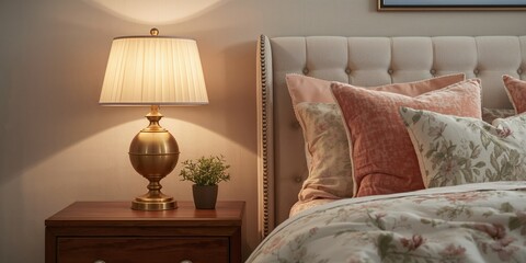 Table lamp on a bedside surface providing task lighting for bedtime routines