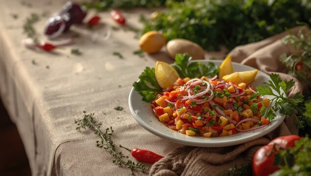 Peruvian ceviche featuring raw fish, citrus, vegetables, and herbs, highlighting fresh ingredients and flavor balance