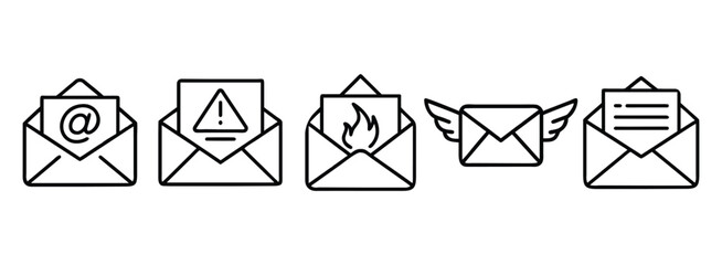 Set of envelope icons with various symbols and elements