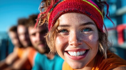 A vibrant portrait of a joyful woman smiling during an outdoor adventure, embodying a sense of freedom and excitement with friends amidst a beautiful landscape.