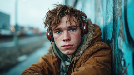 A contemplative young man with headphones sits against an urban backdrop, capturing a moment of introspection and emotional depth amidst a casual lifestyle.