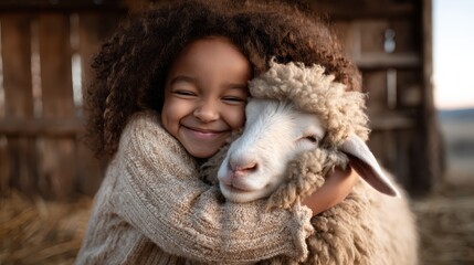 A delighted young girl hugging a fluffy sheep captures a moment of pure joy and innocence reflecting the bond between children and animals in a pastoral setting.